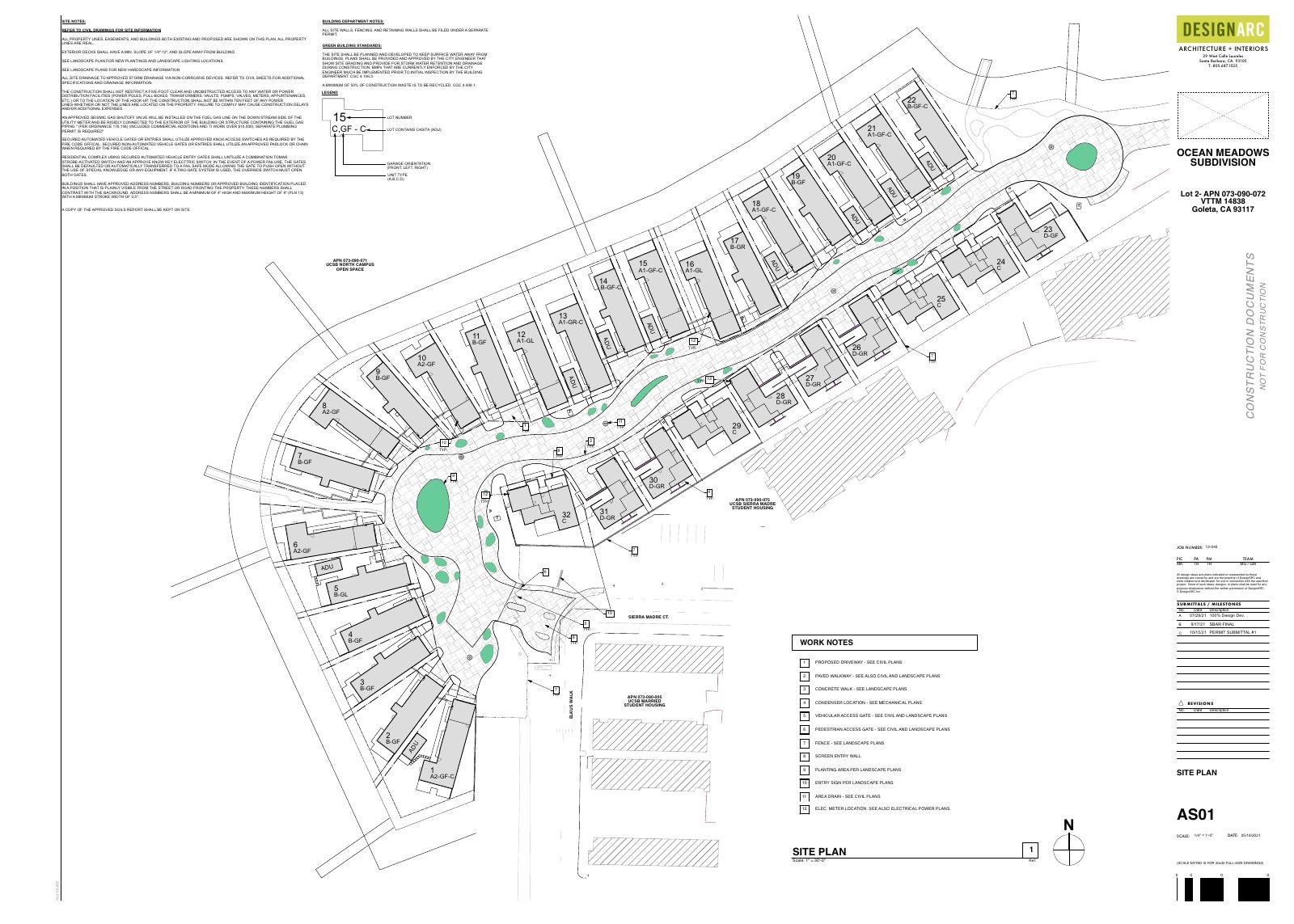 Architectural site plan for the completed Ocean Meadows residential community in Goleta